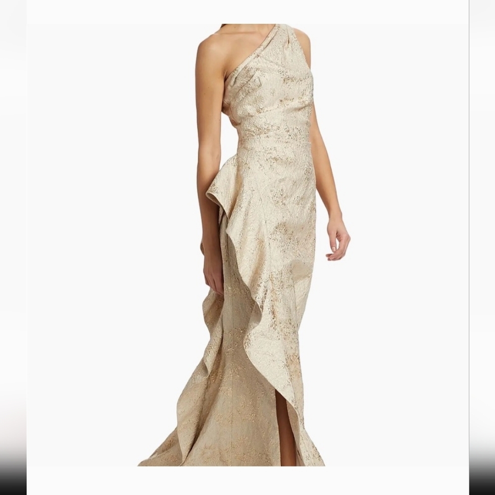 Teri Jon by Ricki Freeman One shoulder Asymmetrical Gold Dress